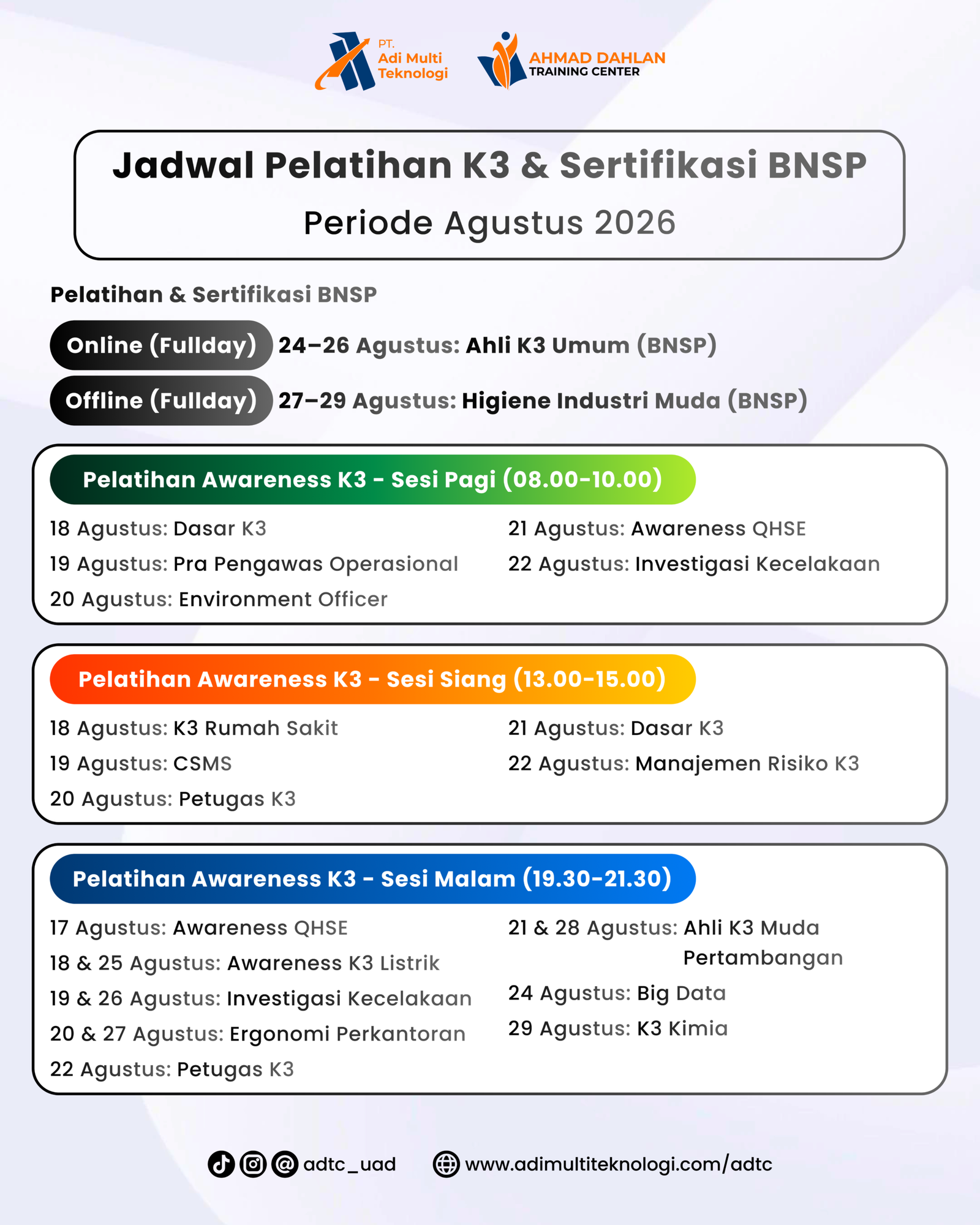 Jadwal Pelatihan Awareness K3 Agustus via Email